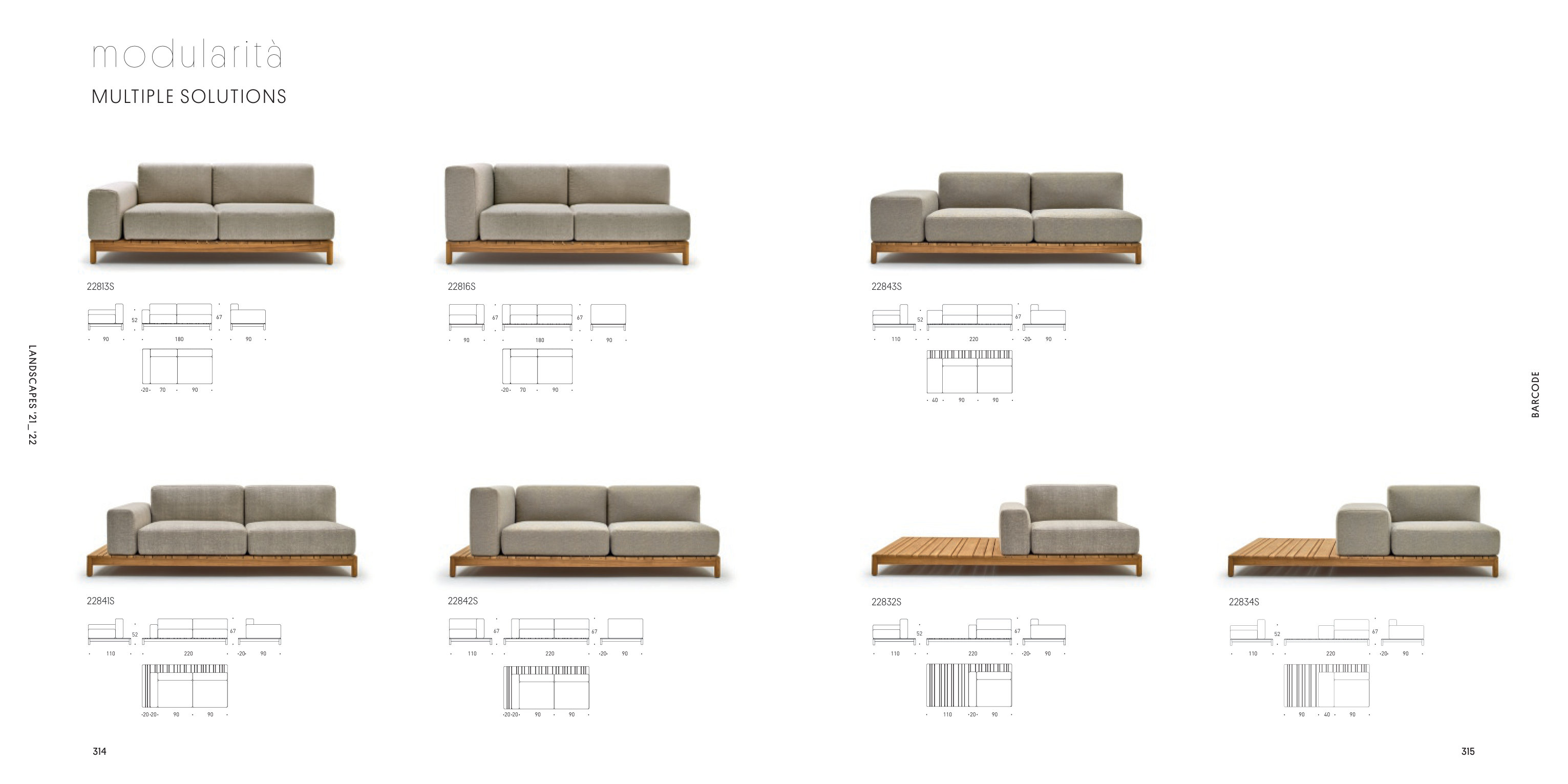 A grid of seven modular sofa compositions, each with a photograph, an article code and a dimensioned plan.
