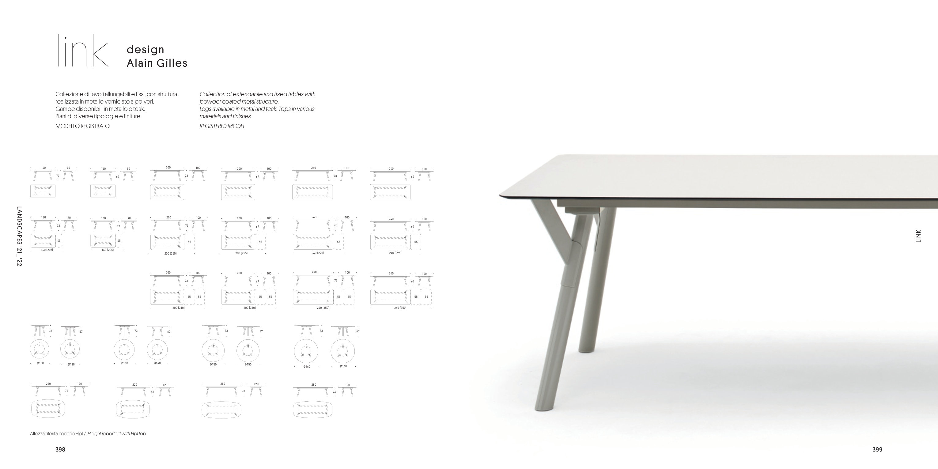A large-format grid of dimensioned table plans and elevations.