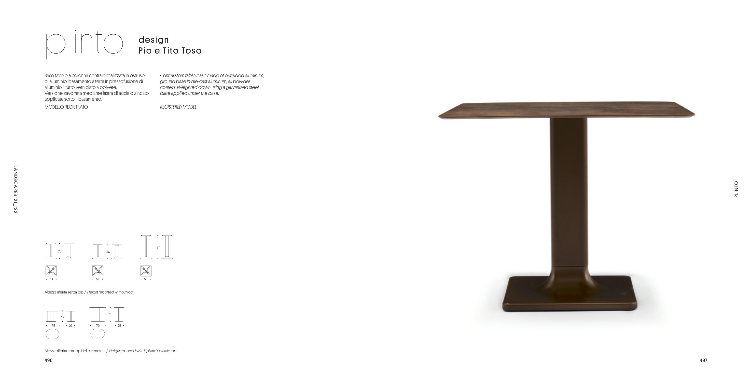 A grid of dimensioned bases and coffee tables, printed with two different height footnotes.