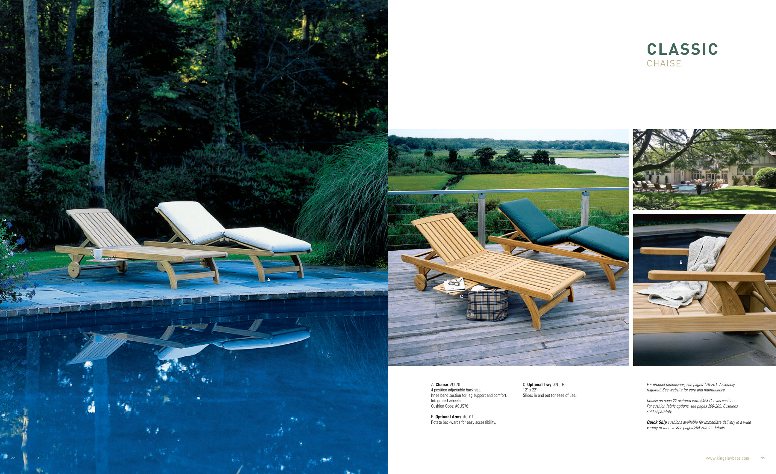 Teak loungers set back from a pool edge in full sun.