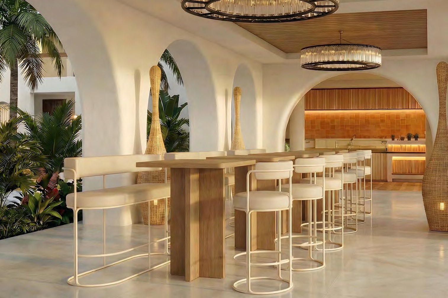 Paradiso high bench & stools / Beige cream RAL 1013 / Panamá Marfil / Paradiso high bench, stools & Bolonia table / Anthracite grey RAL 7016 / 1016 Plateau — iSiMAR catalogue photography