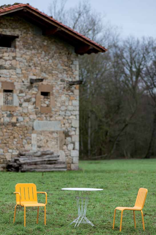 Sardinia Chair & Armchair / Natural Honey RAL 1028 / Nostrum Table / Ibiza White RAL 9016 — iSiMAR catalogue photography