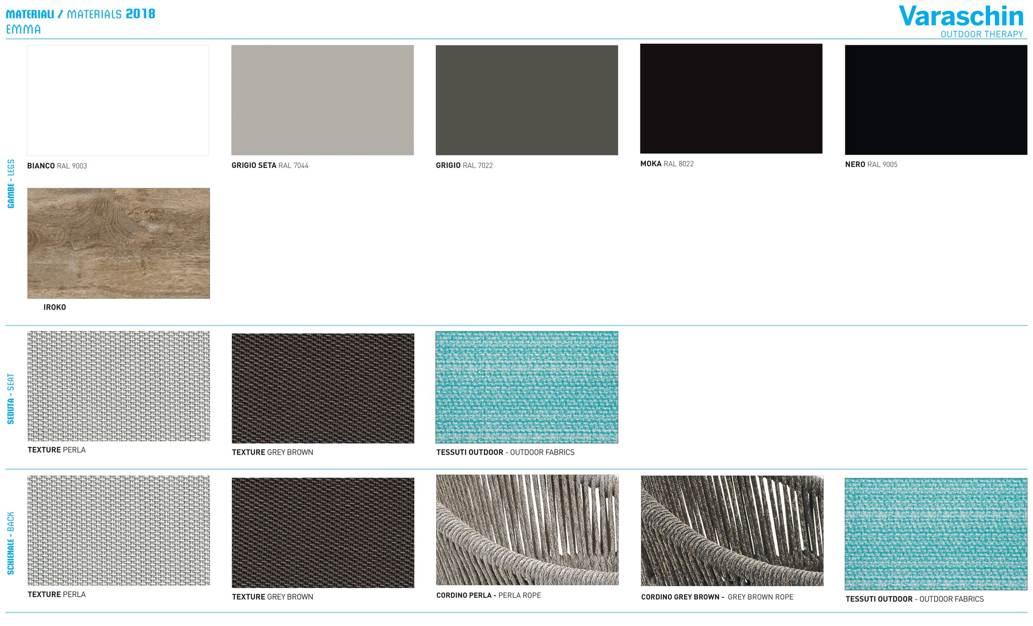 MATERIALI / MATERIALS 2018 — EMMA · legs, seat, back