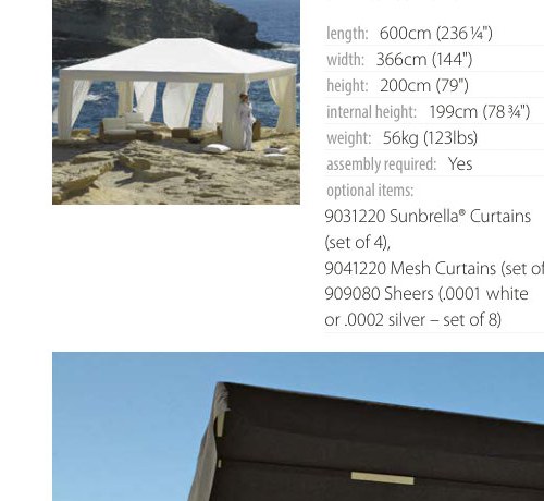 fixed-roof pavilion with pale curtains on a rocky coastal point
