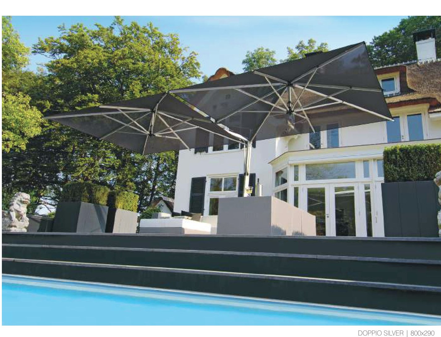 twin-head modular canopy in charcoal shading a poolside terrace